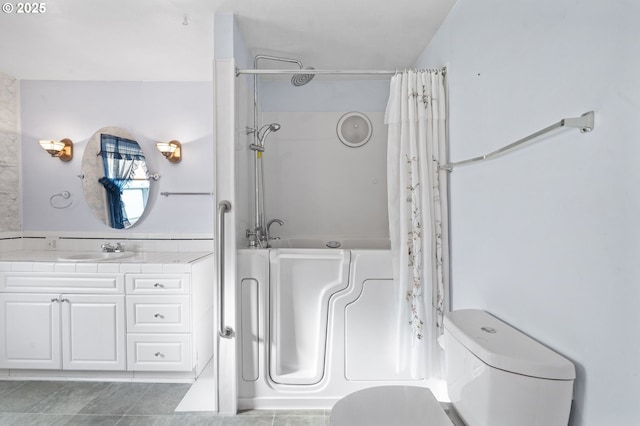 full bathroom with vanity, toilet, and shower / bathtub combination with curtain