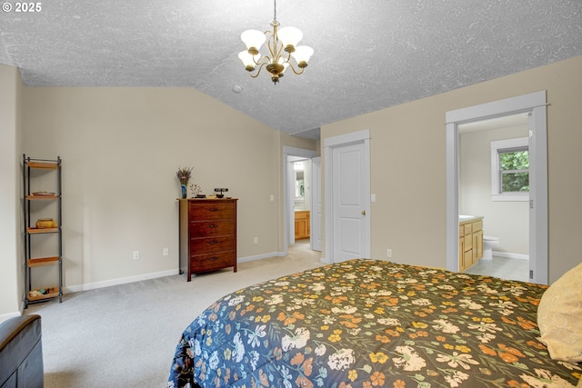 1259 SE Stapleton Loop, Gresham, OR 97080 - bedroom featuring a chandelier, a textured ceiling, lofted ceiling, light carpet, and baseboards