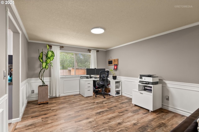 7100 SW 164th Ter, Beaverton, OR 97007 - office area featuring ornamental molding, a textured ceiling, light wood finished floors, and a wainscoted wall
