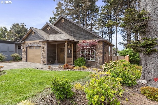 view of front facade with stone siding, concrete driveway, a front lawn, and a garage