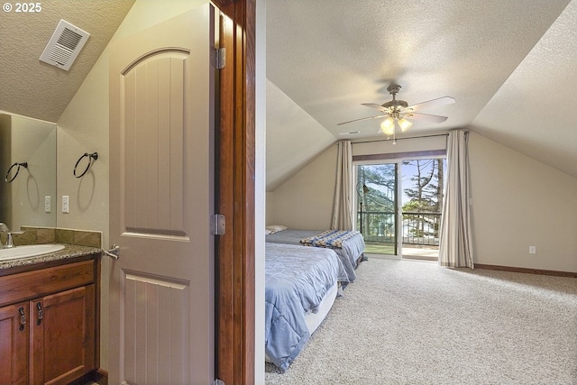 bedroom featuring a textured ceiling, access to exterior, vaulted ceiling, carpet, and a sink