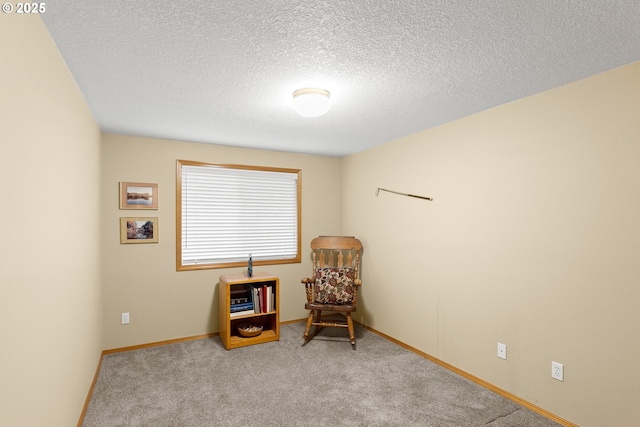 living area featuring a textured ceiling and light carpet