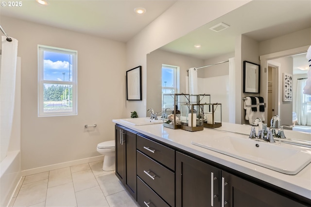 5990 Henshaw St SE, Albany, OR 97322 - full bathroom featuring double vanity, tile patterned flooring, shower / bathtub combination with curtain, and recessed lighting