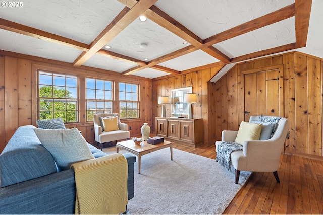 2687 NW Cornell Rd, Portland, OR 97210 - living room with beam ceiling, light wood-style flooring, wooden walls, and coffered ceiling