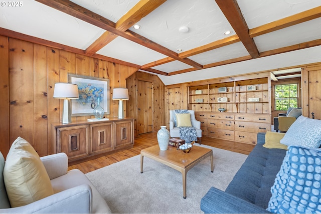 2687 NW Cornell Rd, Portland, OR 97210 - living area featuring coffered ceiling, light wood finished floors, beam ceiling, and wooden walls