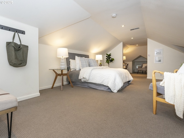 carpeted bedroom featuring lofted ceiling, recessed lighting, visible vents, and baseboards