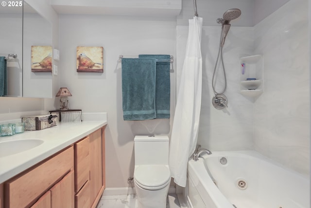 full bathroom featuring a combined bath / shower with jetted tub, marble finish floor, toilet, and vanity