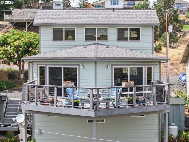 405 Elrod Ave, Maupin, OR 97037 - back of property with roof with shingles, a wooden deck, and stairway