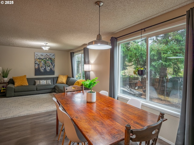 dining space featuring dark wood-type flooring and a textured ceiling