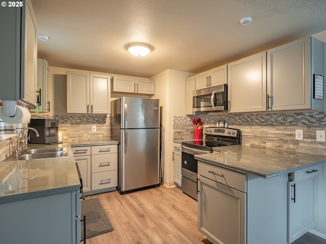 kitchen with white cabinetry, sink, light hardwood / wood-style floors, kitchen peninsula, and stainless steel appliances