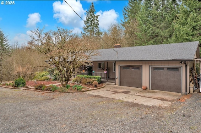 61241 Perry Creek Rd, Saint Helens, OR 97051 - ranch-style home with driveway, roof with shingles, a porch, a chimney, and a garage