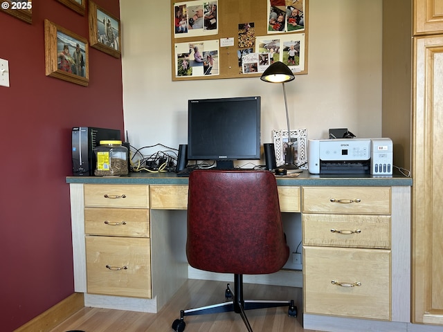 home office with hardwood / wood-style floors and built in desk