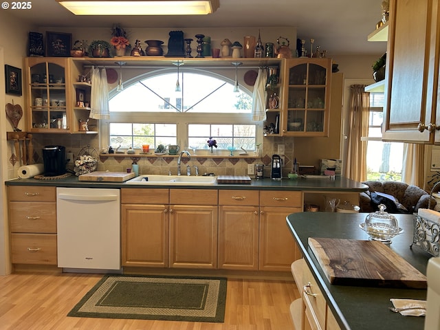 kitchen with white dishwasher, light hardwood / wood-style floors, sink, and backsplash