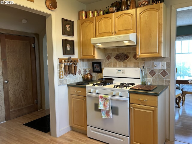 kitchen with tasteful backsplash, white range with gas cooktop, and light wood-type flooring