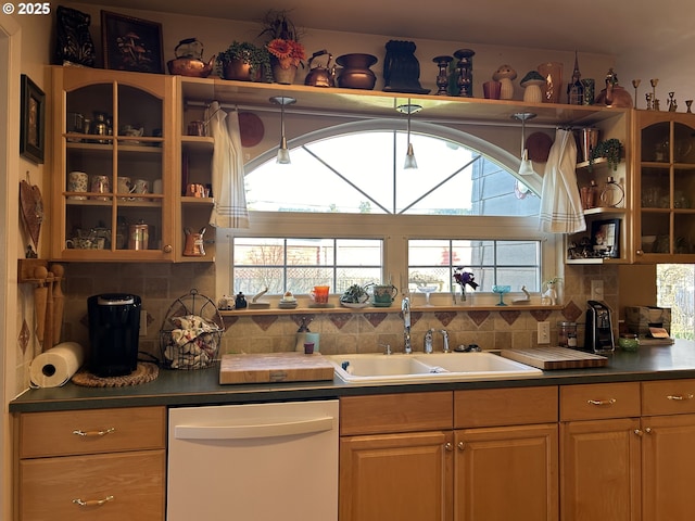 kitchen featuring dishwashing machine, sink, and backsplash