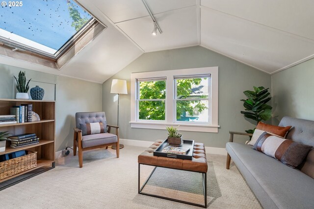 living room featuring carpet flooring, baseboards, rail lighting, and vaulted ceiling with skylight