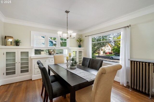 dining room with radiator heating unit, an inviting chandelier, light wood-style floors, and crown molding