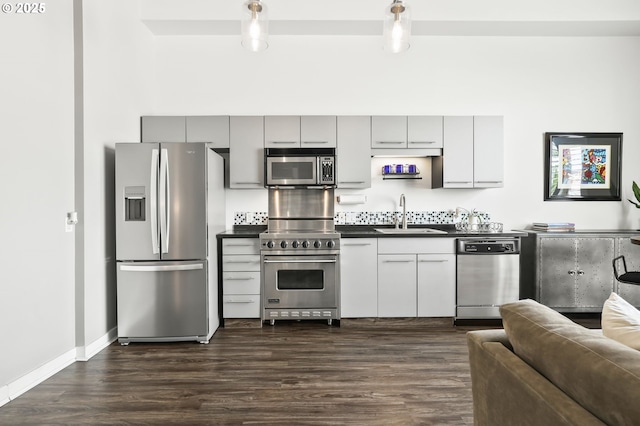 12600 SW Crescent St, Beaverton, OR 97005 - kitchen with appliances with stainless steel finishes, a sink, dark countertops, and dark wood-type flooring