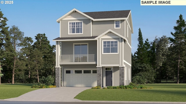 view of front of home with a garage, driveway, roof with shingles, and a front lawn