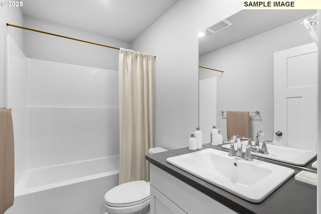 full bathroom with vanity, shower / bathtub combination with curtain, toilet, and visible vents
