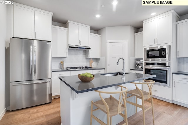 kitchen featuring dark countertops, light wood-style floors, under cabinet range hood, a sink, and stainless steel appliances