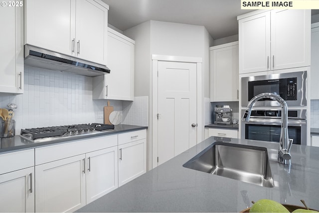 kitchen featuring a sink, under cabinet range hood, dark countertops, and stainless steel appliances