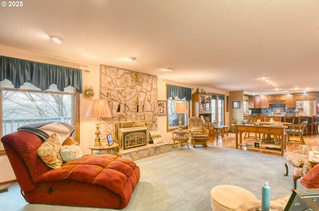 carpeted living room featuring a textured ceiling