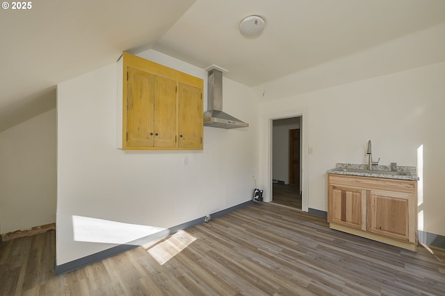 interior space with lofted ceiling, dark hardwood / wood-style floors, ventilation hood, and sink