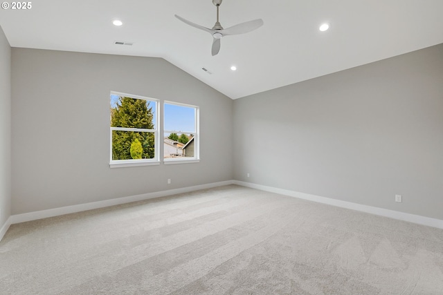 5477 SE Golden Rd, Hillsboro, OR 97123 - empty room featuring recessed lighting, light carpet, a ceiling fan, baseboards, and lofted ceiling