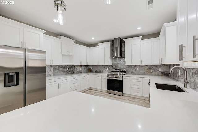 5477 SE Golden Rd, Hillsboro, OR 97123 - kitchen featuring stainless steel appliances, wall chimney exhaust hood, a sink, backsplash, and white cabinetry