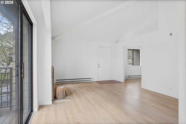 interior space featuring light wood-type flooring, a baseboard radiator, and lofted ceiling