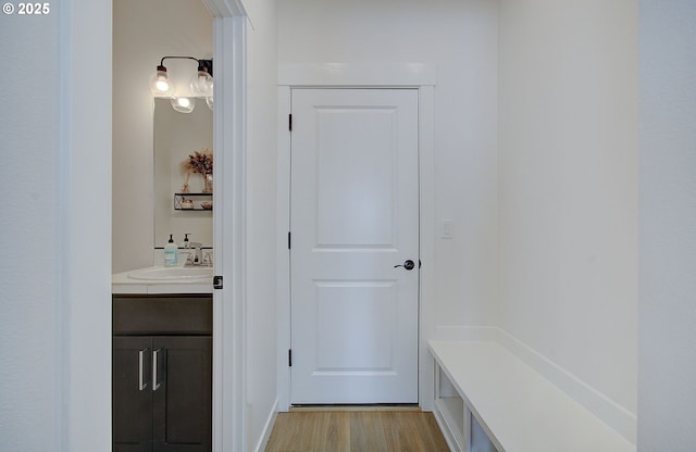 mudroom featuring wet bar, a sink, and light wood finished floors