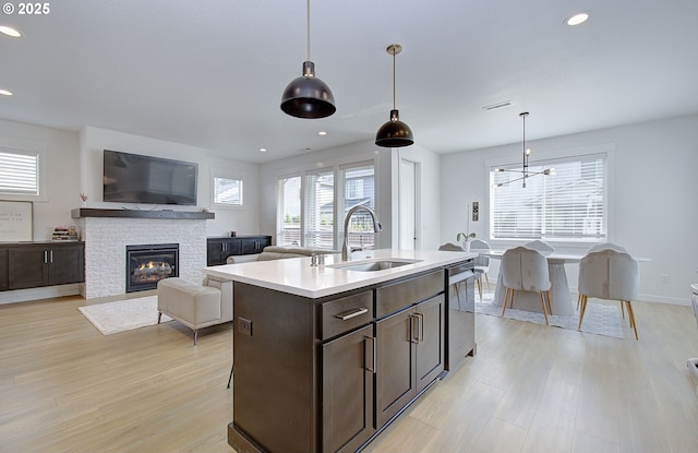 kitchen featuring a wealth of natural light, dark brown cabinetry, a sink, and light wood-type flooring