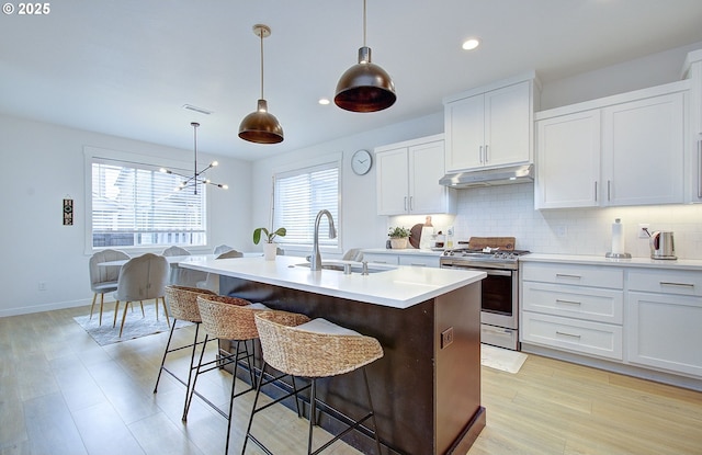 kitchen with tasteful backsplash, a sink, stainless steel range with gas stovetop, a center island with sink, and under cabinet range hood