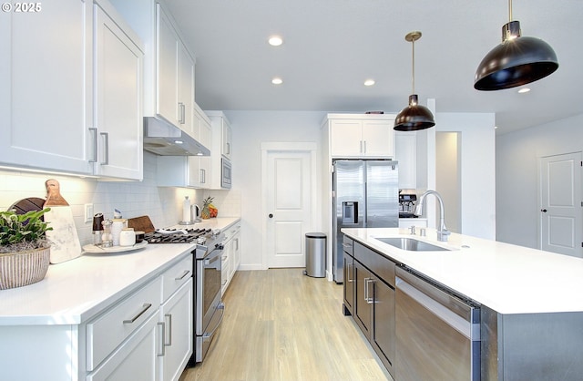 kitchen featuring a sink, light wood-type flooring, backsplash, under cabinet range hood, and appliances with stainless steel finishes