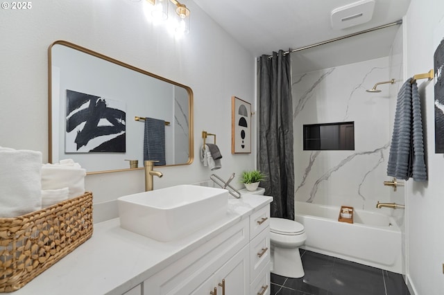 full bathroom featuring vanity, tile patterned floors, toilet, and shower / bath combo with shower curtain