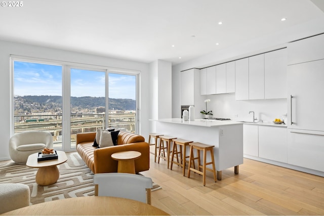 kitchen with a mountain view, white cabinets, light countertops, an island with sink, and modern cabinets