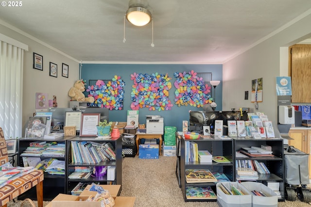 carpeted home office with ornamental molding