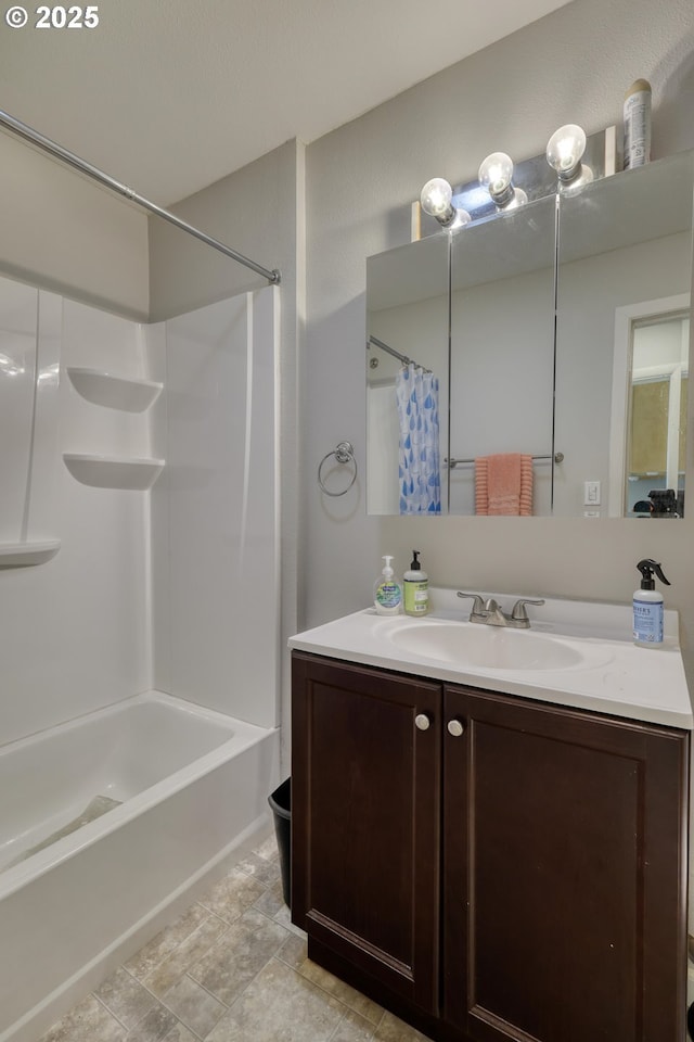 full bathroom featuring shower / bath combination with curtain and vanity