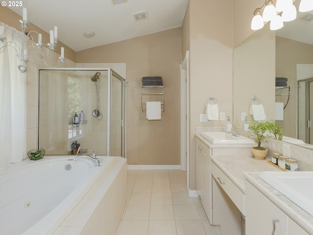 1802 NW Ogden St, Camas, WA 98607 - bathroom with a shower stall, a whirlpool tub, double vanity, vaulted ceiling, and tile patterned floors