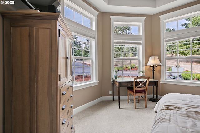 bedroom with multiple windows, baseboards, and light carpet