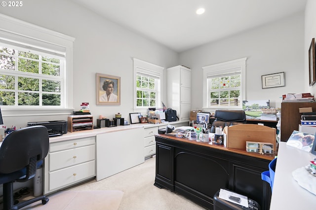 home office with light colored carpet and recessed lighting