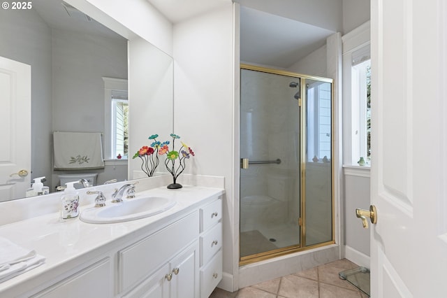 full bath with a stall shower, tile patterned floors, and vanity