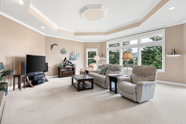 living room featuring a raised ceiling, light colored carpet, baseboards, and ornamental molding