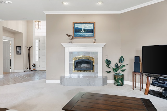 tiled living area featuring carpet flooring, baseboards, recessed lighting, ornamental molding, and a fireplace