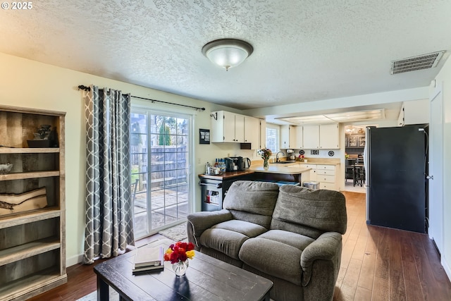 living room featuring sink, a textured ceiling, and dark hardwood / wood-style flooring