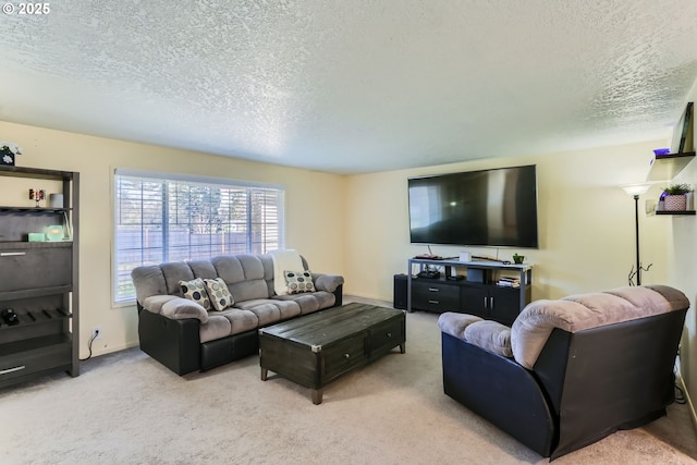 living room with a textured ceiling and light colored carpet