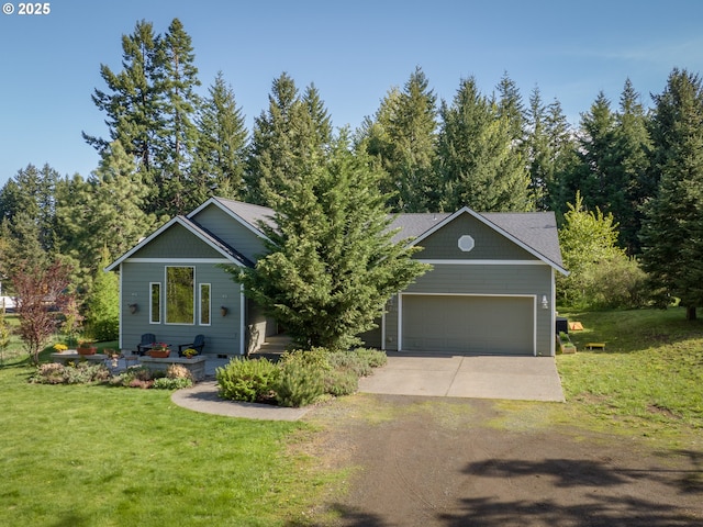 4080 Cunningham Dr, Mount Hood Prkdl, OR 97041 - view of front facade with a garage, dirt driveway, and a front yard