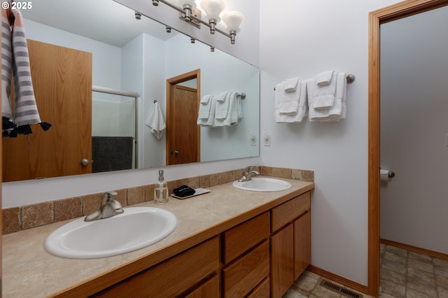4080 Cunningham Dr, Mount Hood Prkdl, OR 97041 - bathroom featuring double vanity, a sink, visible vents, and a shower stall