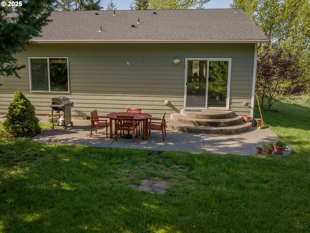 4080 Cunningham Dr, Mount Hood Prkdl, OR 97041 - back of property featuring roof with shingles, a patio area, a yard, and entry steps